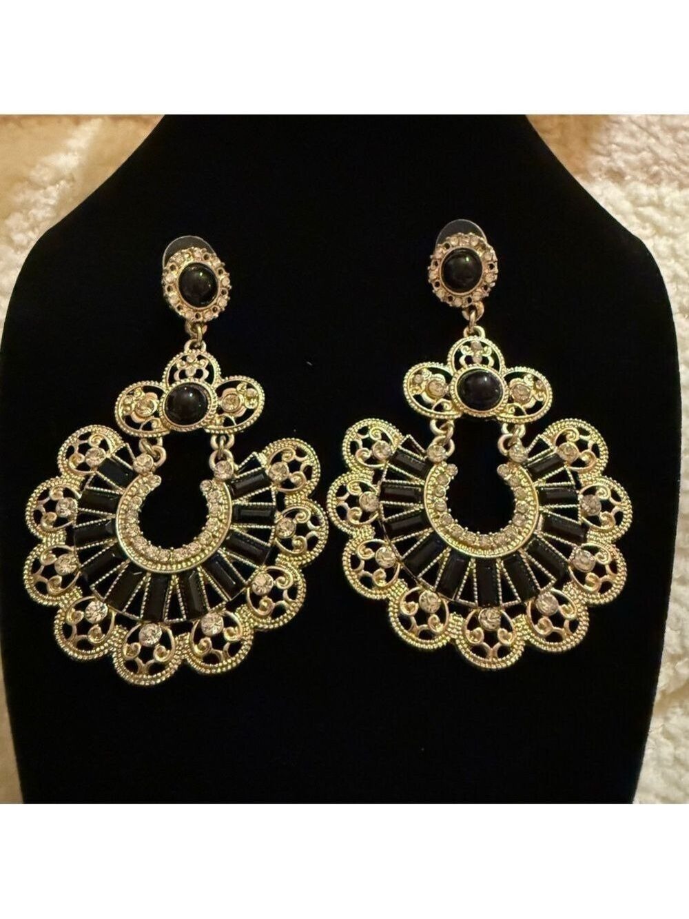Natasha Couture Black and Gold Filigree Earrings